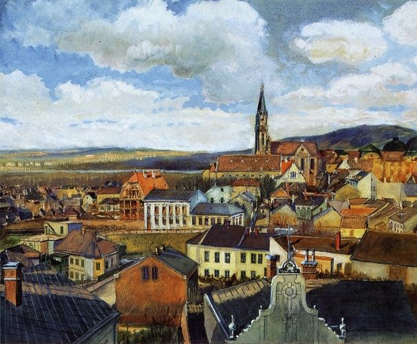 "View from the Drawing Classroom, Klosterneuburg" by Egon Schiele captures a picturesque townscape with its rooftops, a tall church spire, and surrounding hills under a dynamic sky. This vibrant and meticulous composition reflects Schiele's early artistic focus on landscapes before his exploration of more expressive and figurative works.