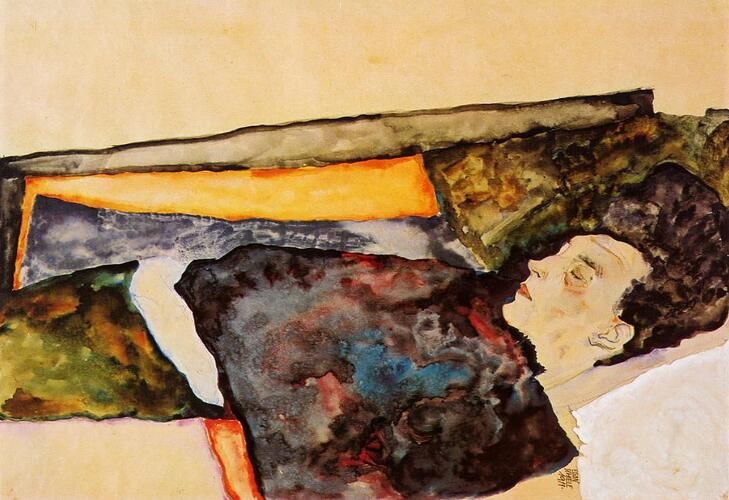 Egon Schiele's "The Artist's Mother, Sleeping" captures an intimate and contemplative moment, showcasing his distinct use of bold lines and expressive color palette. The artwork reflects Schiele's personal connection to his subject and his characteristic exploration of human emotion and vulnerability.