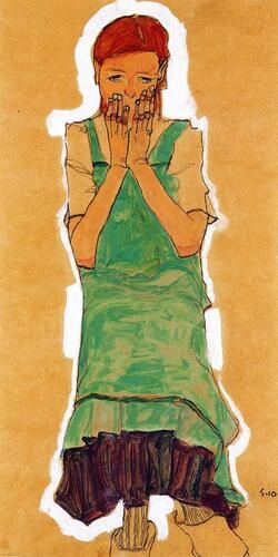 Egon Schiele's "Girl with Green Pinafore" showcases his distinctive style with bold contour lines and a vivid color palette, depicting a young girl whose expression captures a blend of vulnerability and introspection. Schiele's work often explores emotion and human form, drawing viewers into a deeply personal and intense visual experience.