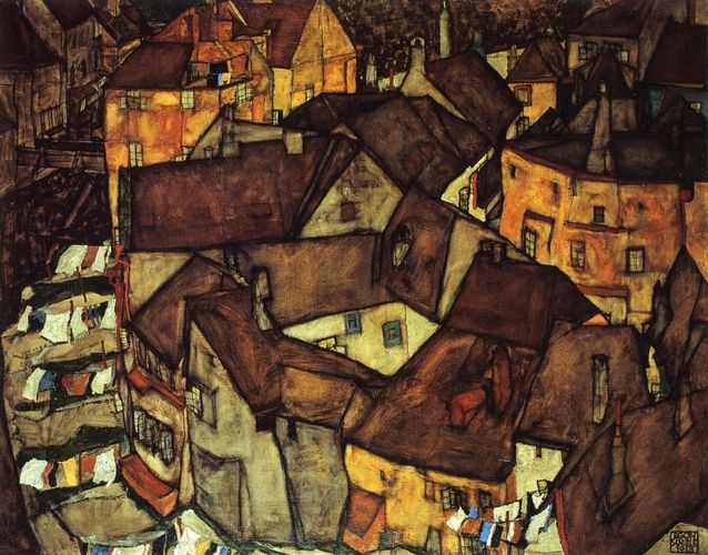 Egon Schiele's "Krumau Town Crescent I" captures the tightly packed rooftops and twisting streets of Český Krumlov with bold outlines and vibrant ochre and earthy tones. The painting reflects Schiele’s fascination with the town’s medieval architecture and conveys a sense of distorted yet intimate urban life.