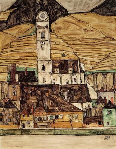 Egon Schiele's "Stein on the Danube" captures the medieval architecture of the town with bold, expressive lines and earthy tones. The landscape reflects Schiele's distinctive style, highlighting both geometric abstraction and emotional intensity in the depiction of urban scenery.