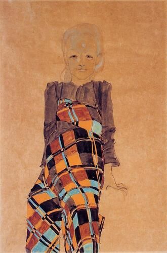 Egon Schiele's "Seated Girl" showcases his distinct expressionist style, emphasizing bold contours and a striking use of color. The artwork captures the girl's introspective gaze, draped in a vibrant, geometrically patterned fabric, highlighting Schiele's exploration of human emotion and form.