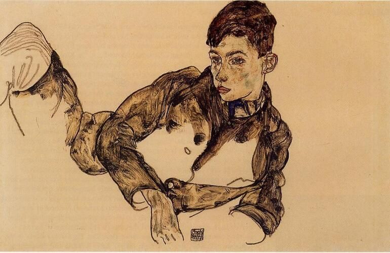 "Reclining Boy Leaning on His Elbow" by Egon Schiele captures the artist's distinct approach to exploring the human form with raw, expressive lines. The figure’s contemplative gaze and dynamic posture reflect Schiele's interest in emotion and psychological depth, seen frequently in his work during the early 20th century.
