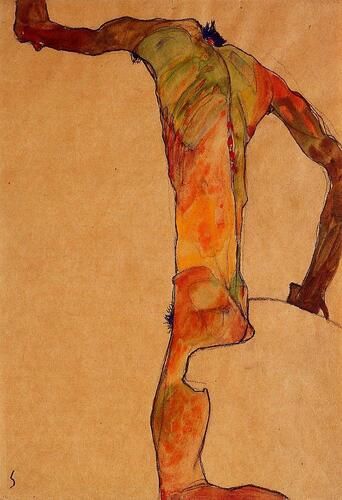 Egon Schiele's "Male Nude" showcases his signature exploration of the human form with expressive contortions and vibrant colors. Known for his impactful use of line and texture, Schiele captures raw emotion and psychological depth in this striking composition.