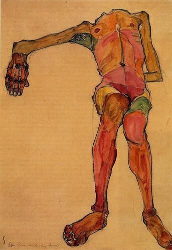 Egon Schiele's "Seated Male Nude, Right Hand Outstretched" showcases his distinctive style of expressive lines and bold coloration, highlighting the raw, emotive power of human form. Created in 1910, this piece captures Schiele's explorations of the human condition with its contorted pose and intense scrutiny of the body.