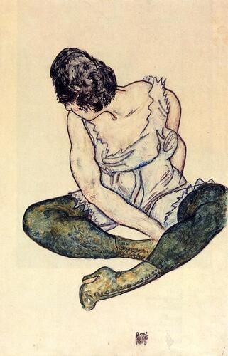 "Seated Woman with Green Stockings" by Egon Schiele, created in 1917, exemplifies the artist's signature style with bold contour lines and expressive features. Schiele's work often focused on the human body and emotion, capturing introspective and intimate moments.