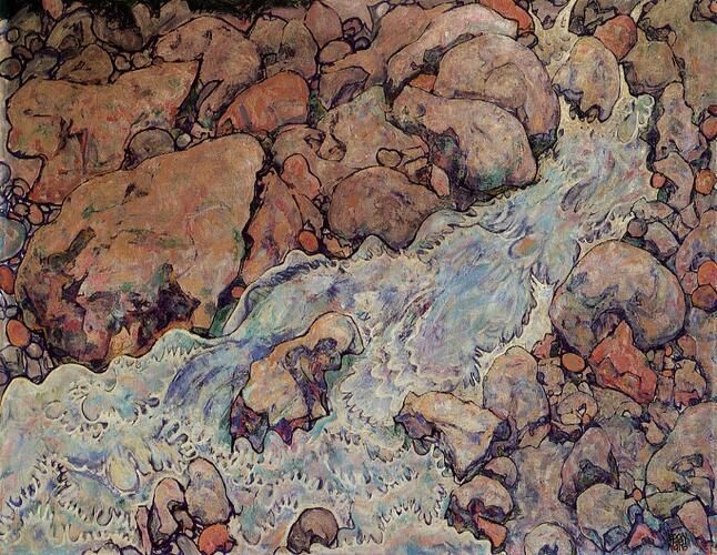 "Mountain Torrent" by Egon Schiele captures the dynamic flow of water over an array of rocks in a vibrant and expressive manner. The intricate lines and rich earth tones highlight Schiele's keen observation of natural forms, diverging from his renowned figurative works.