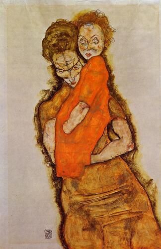 "Mother and Child" by Egon Schiele captures a tender moment, emphasizing emotional expression through Schiele's signature use of bold lines and earthy tones. The artwork reflects Schiele's exploration of human intimacy and vulnerability, characteristics prevalent in early 20th-century expressionism.