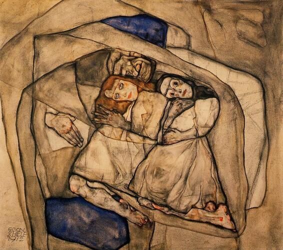 "Conversion" by Egon Schiele, created in 1912, features two intertwined figures enveloped within a dynamic composition that highlights Schiele's distinctive use of line and poignant emotion. The work reflects the artist's exploration of human relationships and psychology, conveyed through contorted forms and earthy tones.