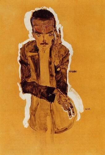 This striking portrait by Egon Schiele depicts Eduard Kosmack with an intense expression, highlighted by his raised left hand. The piece exemplifies Schiele's signature style, characterized by raw emotion and bold, dynamic lines against a minimalist background.