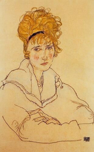 "Portrait of Edith Schiele" by Egon Schiele captures the artist's wife, Edith, with his distinctive use of contour lines and sparse yet expressive brushwork. The artwork reflects Schiele's raw and emotive style, highlighting the intimacy and complexity of their relationship.