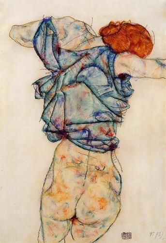Egon Schiele's "Woman Undressing" captures an intimate moment with expressive lines and bold colors, characteristic of his unique, provocatively angular style. The artwork highlights the tension between vulnerability and self-confidence, emphasized by the contrast between the fluidity of the fabric and the rigidity of the poised figure.