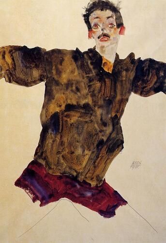 "Self Portrait with Outstretched Arms" by Egon Schiele features the artist in a dynamic and unconventional pose, characterized by his distinctive use of exaggerated forms and raw expression. Reflecting Schiele's exploration of identity and emotion, the artwork highlights his bold and edgy style, which was influential in the early 20th-century Expressionist movement.