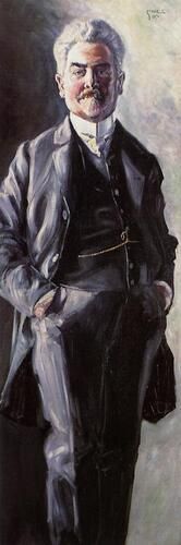 The "Portrait of Leopold Czihaczek, Standing" by Egon Schiele depicts the artist's uncle in a confident and imposing stance, characterized by deep contrasts and a somber palette. Schiele's expressive style captures the subject's intensity and refined dignity, highlighting the personal connection between the artist and his family.