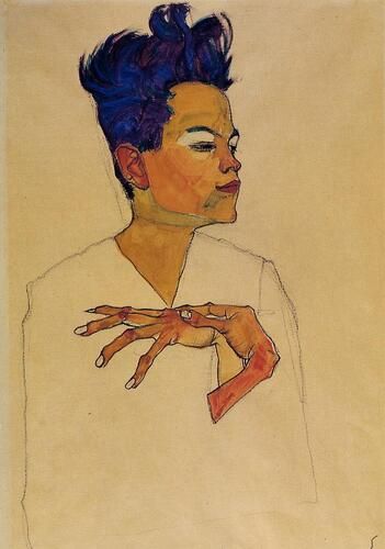 This self-portrait by Egon Schiele, showcasing his characteristic expressive style, features bold lines and vibrant colors that highlight the artist's introspective gaze and distinct pose with hands on his chest. Schiele, a prominent figure in early 20th-century Austrian Expressionism, often explored themes of identity and emotion through his intense and evocative portraits.