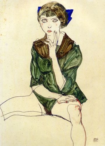 This artwork by Egon Schiele, known for his raw and expressive style, depicts a woman sitting contemplatively in a green blouse with a vivid gaze. The use of bold lines and textured colors highlights Schiele's exploration of emotion and the human form.