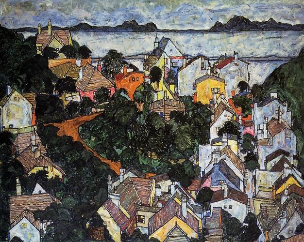 In "Summer Landscape, Krumau," Egon Schiele depicts the town of Český Krumlov with angular, vibrant buildings intertwined with dark, lush foliage, creating a striking contrast against the brooding sky. Reflecting Schiele's Expressionist style, the painting emphasizes bold lines and rich color, capturing the essence of an idyllic yet complex landscape.