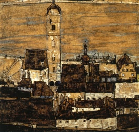 "Stein on the Danube, Seen from the Kreuzberg" by Egon Schiele captures the quaint Austrian town with its distinct architectural structures silhouetted against a muted sky. The composition showcases Schiele's unique expressionist style, characterized by bold lines and an earthy color palette, reflecting both the melancholy and beauty of the landscape.