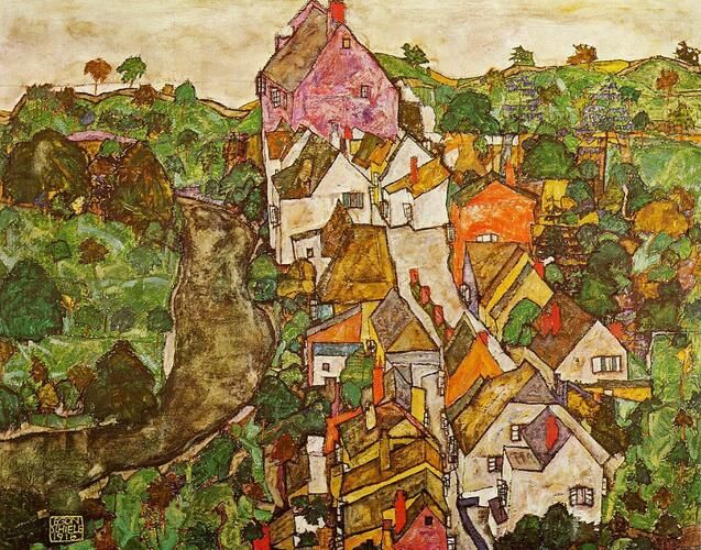 "Landscape at Krumau," painted by Egon Schiele in 1916, portrays a dense arrangement of clustered houses and winding paths in the Bohemian town, accented by lush greens and vibrant earth tones. Schiele, who was known for his expressive and edgy style, captures the town’s unique architecture with bold lines and an angular, almost cubist perspective.