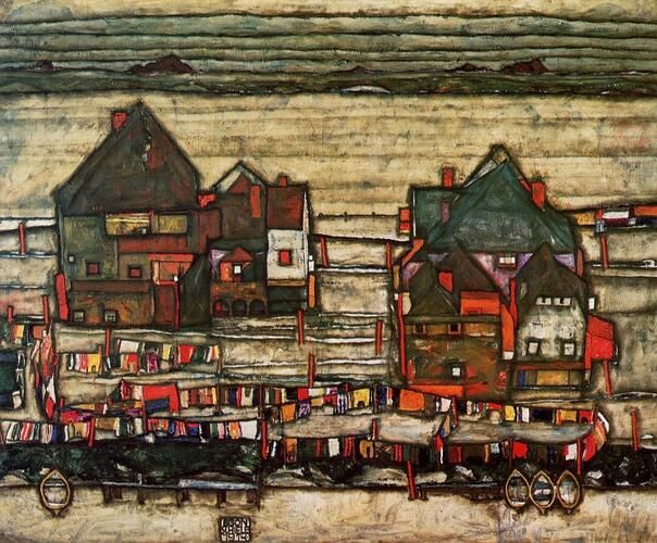 "Houses with Laundry (Seeburg)" by Egon Schiele depicts a vibrant scene of colorful houses with laundry hanging prominently, showcasing his distinctive bold lines and expressive use of color that mark his innovative approach to landscape art. The painting reflects Schiele's fascination with intricate architectural forms and domestic life, illustrating a powerful tension between human presence and the landscape.