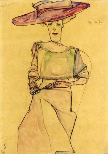 "Portrait of Madame Dr. Horak" by Egon Schiele features a unique composition with elongated forms and expressive lines, highlighting the avant-garde style of the early 20th century. Schiele's focus on emotional intensity and the stark contours in this piece reflect his characteristic approach to human subjects.