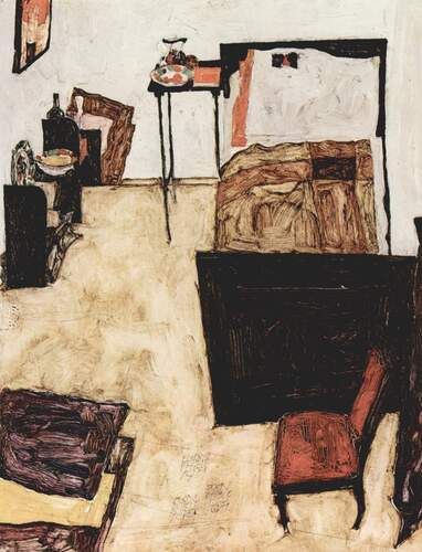 "Schiele's Room in Neulengbach" captures Egon Schiele's distinct expressionistic style with bold, angular lines and a skewed perspective, reflecting his emotional turmoil during his stay in Neulengbach. The painting's intimate and somewhat disordered depiction of personal space highlights Schiele’s ability to convey psychological depth and intensity in domestic settings.