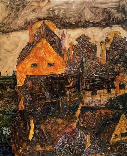 Egon Schiele's "Krumau on the Molde" captures the expressive complexity of the Bohemian town with bold, swirling brushstrokes and a palette rich in earthy tones. The angular structures and intense skies reflect Schiele's unique perspective and emotional intensity, distinguishing his early 20th-century expressionist approach.