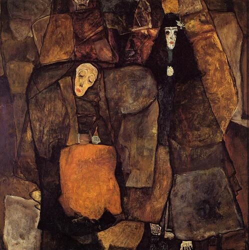 Egon Schiele's "Procession" is characterized by its haunting expressionism, featuring distorted figures enveloped in angular, earthy-toned forms. The composition reflects Schiele’s exploration of human emotions and frailty, set against a backdrop of dark, muted hues that convey a somber and introspective atmosphere.