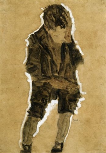In Egon Schiele's "Boy with Hand to Face," the artist uses his distinctive expressive style to convey a sense of introspection and vulnerability through the boy's pose and muted color palette. Schiele, known for his raw emotive portraits, captures the tension between youth and existential contemplation in this artwork.