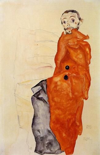 This artwork by Egon Schiele features an intriguing self-portrait characterized by his distinctive angular style and expressive use of color, particularly in the prominent orange and gray cloak enveloping the figure. The piece reflects Schiele's fascination with psychological and emotional depth, typical of the Austrian Expressionist movement.