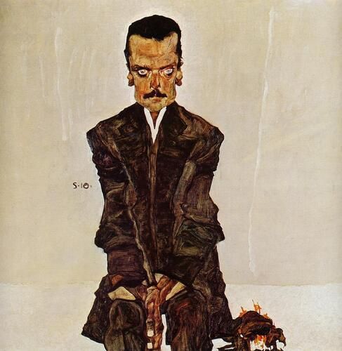Egon Schiele's "Portrait of the Publisher Eduard Kosmack" is a striking depiction characterized by its expressive, angular lines and intense gaze, typical of Schiele's distinctive style. The artwork captures Kosmack seated with a tense posture, exuding an air of introspection and psychological depth against a muted background.