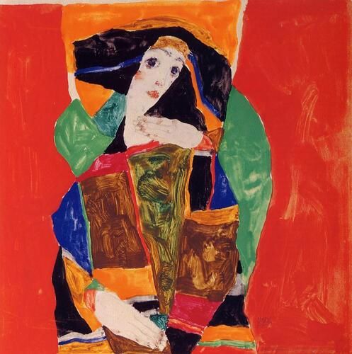 The "Portrait of a Woman" by Egon Schiele is a striking example of his expressionist style, characterized by bold colors and dynamic forms. The artwork features a figure draped in vividly patterned garments against a vibrant red background, showcasing Schiele's distinctive use of angular shapes and emotional intensity.