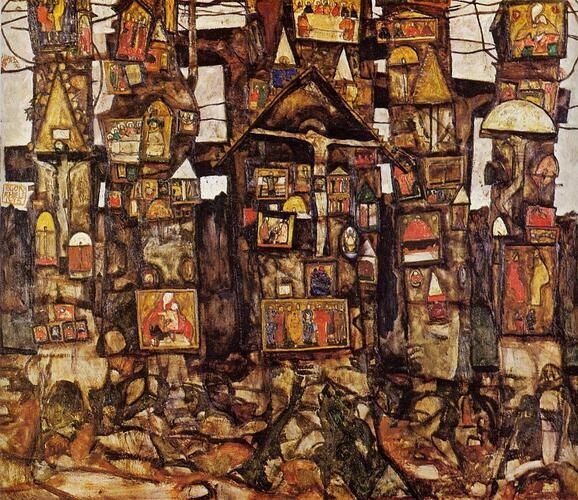 "Woodland Prayer" by Egon Schiele captures a haunting yet intricate tapestry of trees integrated with symbolic images, reflecting his distinctive exploration of form and emotion. This artwork exemplifies Schiele's ability to infuse natural landscapes with spiritual and surreal elements, characteristic of his expressionistic style.