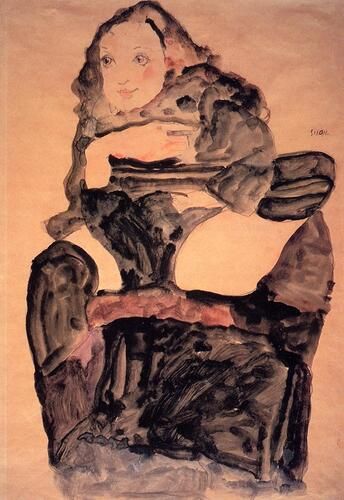 "Seated Girl with Raised Left Leg" by Egon Schiele showcases the artist's distinctive expressionist style, characterized by bold lines and evocative poses. The artwork reflects Schiele’s exploration of the human form and emotion, capturing a sense of intimacy and introspection.