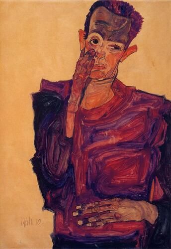 Egon Schiele's "Self Portrait with Hand to Cheek" vividly captures the artist's introspective and intense expression through sharp contours and vibrant hues characteristic of his style. Painted in 1910, the work exemplifies Schiele's exploration of human emotions and physical form, utilizing bold, exaggerated figures and gestural brushwork that convey a sense of psychological depth.