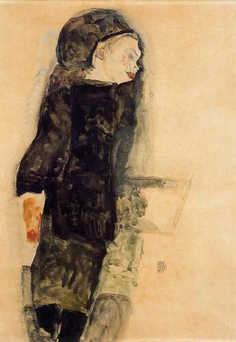 Egon Schiele's "Child in Black" features a young figure rendered with his signature expressive style, marked by angular lines and a muted palette. The artwork captures the introspection and emotional intensity often present in Schiele's portraiture, conveying a sense of vulnerability and depth.