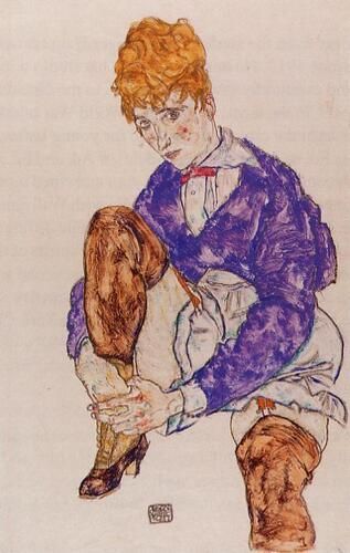 In "Portrait of the Artist's Wife Seated, Holding Her Right Leg," Egon Schiele depicts his wife, Edith, with his signature expressive style featuring bold lines and an intense color palette. The composition reflects Schiele's focus on capturing raw human emotion through distinctive postures and vibrant accents, characteristic of his contribution to early 20th-century Expressionism.