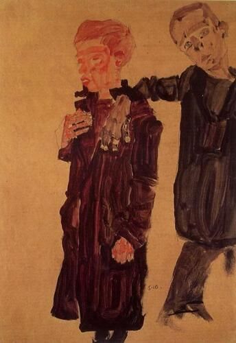 "Two Guttersnipes" by Egon Schiele depicts two figures in his signature expressionistic style, utilizing exaggerated forms and bold, earthy colors to convey emotion and intensity. This artwork reflects Schiele’s fascination with human vulnerability and the raw aspects of society, capturing a poignant scene of urban life.