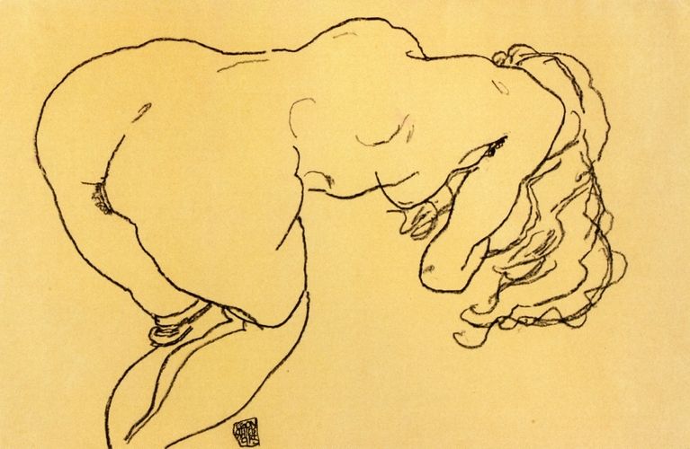 Egon Schiele's "Long haired nude, bent over forward" showcases his characteristic use of bold lines and an expressive portrayal of the human form. The artwork reflects Schiele's exploration of unconventional poses and emotional depth, emphasizing the vulnerability and rawness of the subject.