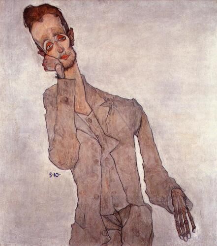 Egon Schiele's "Portrait of Karl Zakovsek" showcases the artist's signature style with exaggerated, elongated forms and bold, expressive lines. The somber color palette and the subject’s introspective pose highlight Schiele's focus on capturing the psychological essence of his subjects.