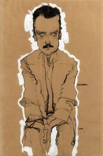 In "Portrait of Eduard Kosmack," Egon Schiele uses emotive line work and muted colors to convey the psychological depth of the subject, the playwright Eduard Kosmack. Schiele's expressionistic style highlights the tension in Kosmack's clasped hands and intense gaze, capturing the inner turmoil and complexity of early 20th-century figures.