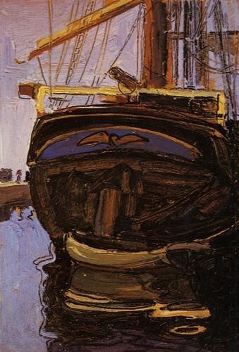 "Sailing Ship with Dinghy" by Egon Schiele captures a bold view of a ship’s stern in dark, expressive strokes, reflecting Schiele's distinctive approach to depicting everyday scenes with emotional intensity. The juxtaposition of the large vessel and dinghy amidst moody hues highlights the artist’s fascination with intricate maritime details.