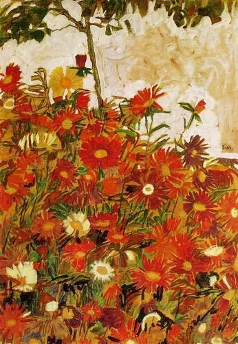 "Field of Flowers," by Egon Schiele, vibrantly captures a dense array of bold, red blooms under a softly lit sky, reflecting Schiele's characteristic expressive style and attention to the interplay of colors. Known for his evocative approach to nature, Schiele imbues this landscape with an intensity and fervent energy that mirrors the emotional depth found in his figurative works.