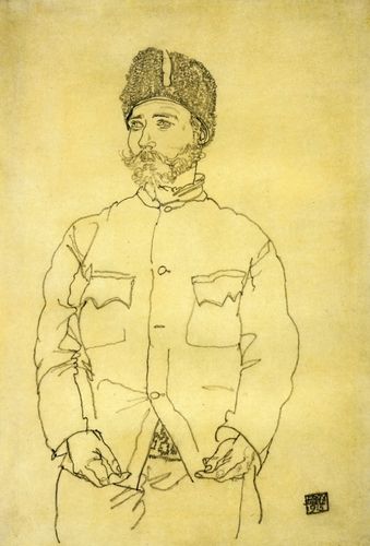 Egon Schiele's "Russian Prisoner of War with Fur Hat" is a striking line drawing that captures the somber expression of a captive dressed in a detailed military uniform. Renowned for his expressive figures, Schiele often infused his portraits with an intense psychological depth, reflecting the poignant struggles of his subjects.