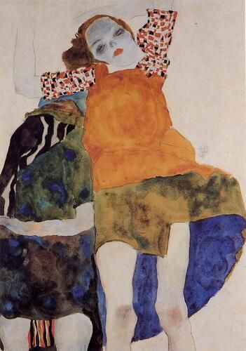 "Two Seated Girls" by Egon Schiele features fluid, expressive contours and a vibrant color palette, characteristic of Schiele’s emotive style. The piece captures an intimate, dynamic pose while conveying a sense of introspective solitude and complexity.