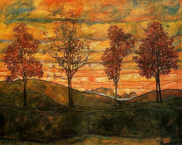 "Quatre arbres" by Egon Schiele depicts four expressive trees set against a vivid, warm-toned sky that captures the essence of twilight. Known for his distinctive style, Schiele uses bold lines and contrasting colors to evoke a sense of emotional intensity and depth in this landscape.