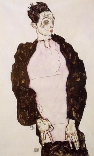 Egon Schiele's self-portrait, "Self Portrait in Lavender and Dark Suit, Standing," exemplifies his distinctive expressionist style with elongated forms and striking use of color. The artwork reflects Schiele's characteristic introspection and psychological depth, highlighted by his bold use of contrasting palettes and exaggerated anatomical features.