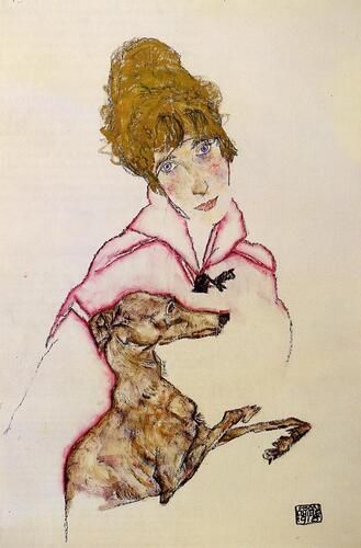 "Woman with Greyhound (Edith Schiele)" by Egon Schiele features the artist's distinctive expressive line work and use of bold color contrasts to depict his spouse Edith and a greyhound. Known for his poignant portraits and exploration of human emotion, Schiele captures a sense of intimacy and subtle tension in this piece.