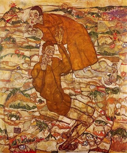 Egon Schiele's "Levitation" showcases his distinct, angular style, capturing two figures airborne with expressive, contorted forms that convey a sense of dynamic movement. The earthy color palette juxtaposed with the intricate landscape highlights Schiele's exploration of human emotion and existential themes.