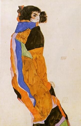 "The Dancer Moa" by Egon Schiele exemplifies his distinctive style with bold lines and vibrant colors that capture the dynamic energy of the subject. Known for his expressive figures, Schiele often explored themes of isolation and sensuality, which are evident in the poised yet introspective stance of the dancer.